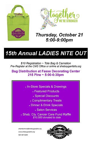 15th Annual “Ladies Nite Out” Hosted by Sheboygan Falls Chamber Main Street on Thursday, October 21st!